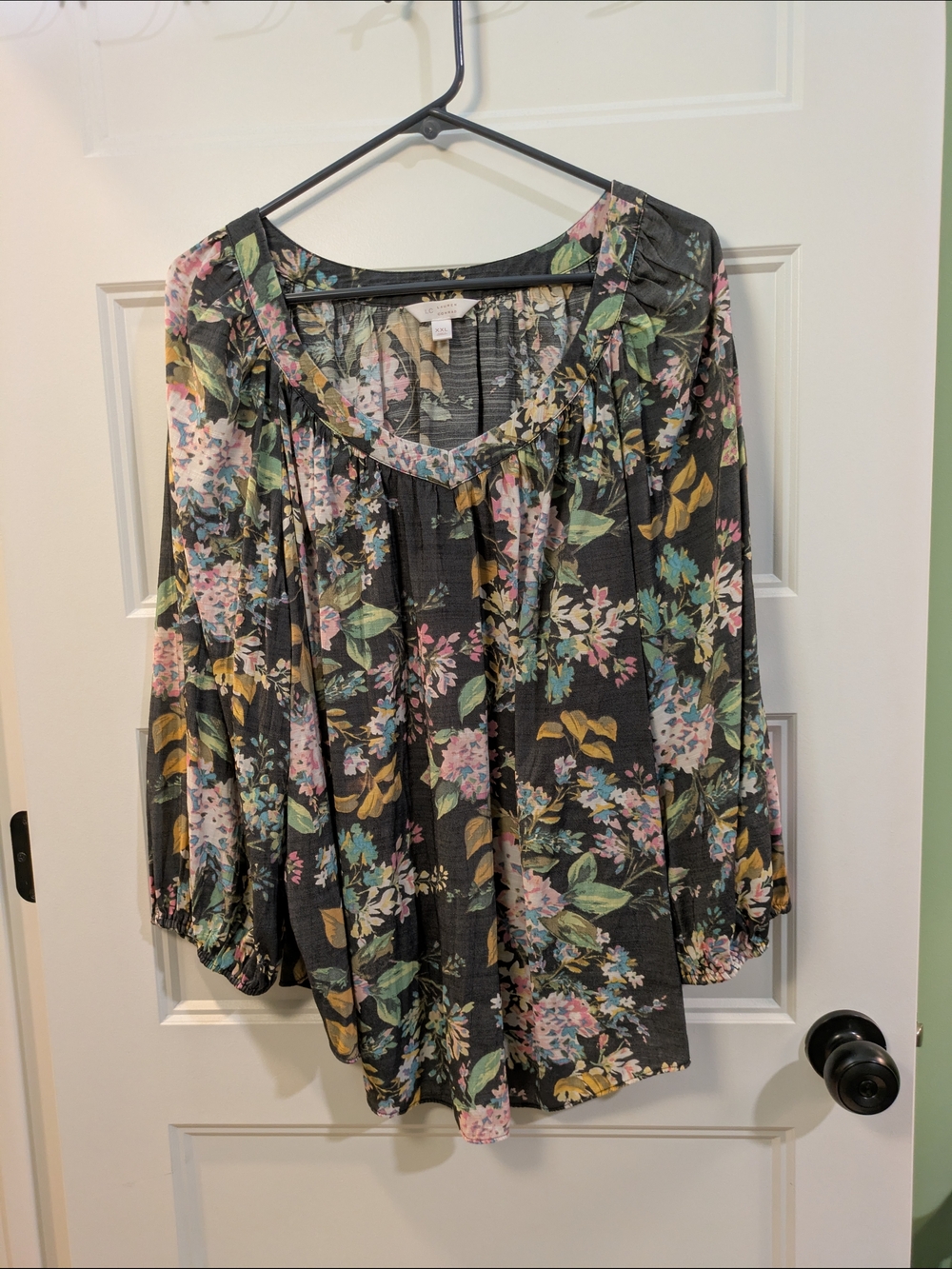 LC Lauren Conrad Black Floral Peasant Blouse with Pastel Blooms